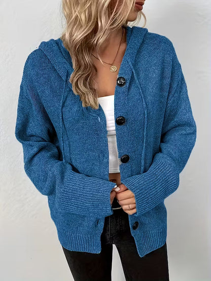 Karalina - Button Front Hooded Cable Knit Cardigan