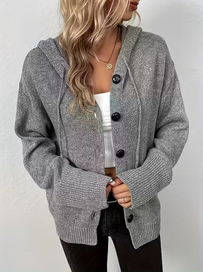 Karalina - Button Front Hooded Cable Knit Cardigan